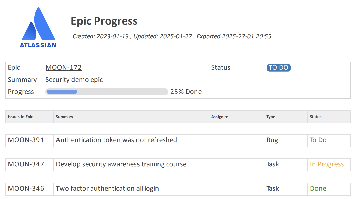 Jira issue progress pdf